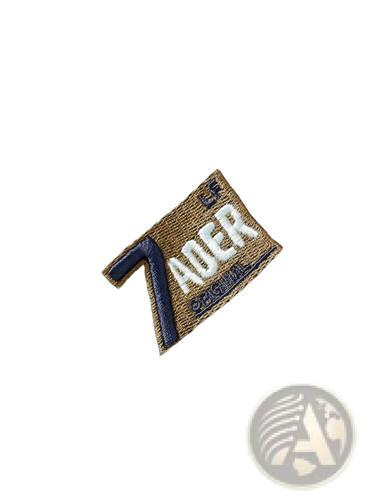 A brown embroidered zader original patch on dark blue denim fabric of men’s plus size baggy cargo jeans