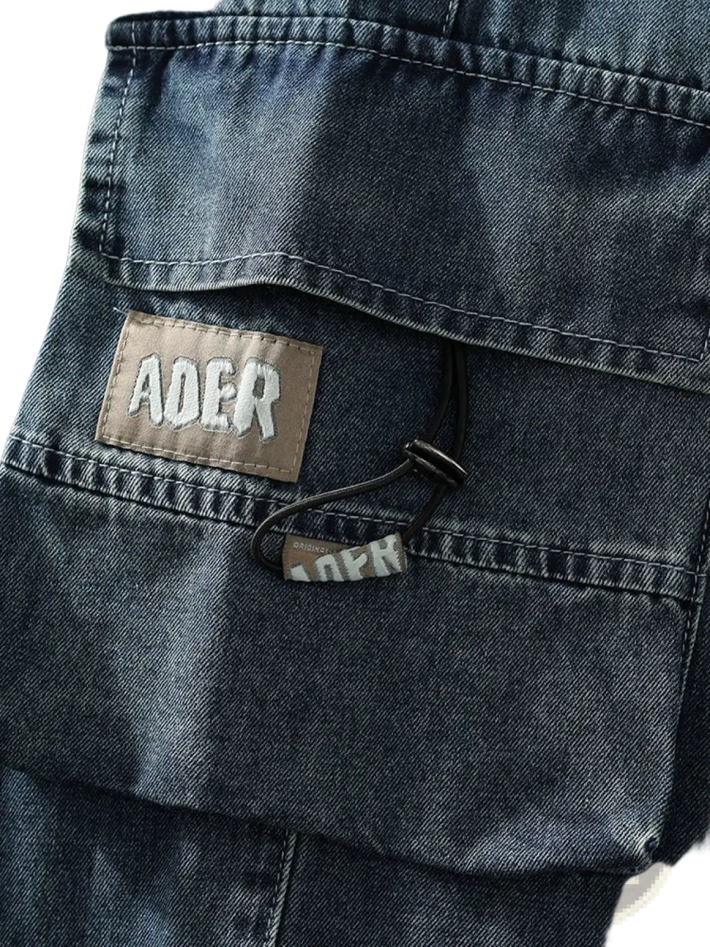 Men’s plus size baggy dark blue denim cargo pants with brown leather patch and white embroidered ader branding