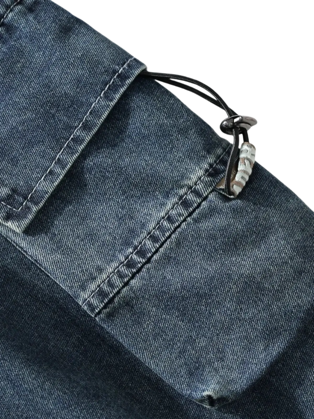 Men’s plus size baggy cargo jeans in dark blue denim with textured fabric, visible stitching, and black drawstring closure