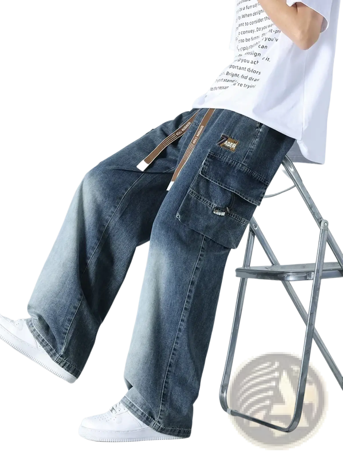 Men’s plus size baggy dark-wash denim cargo jeans with multiple pockets and a brown drawstring waistband