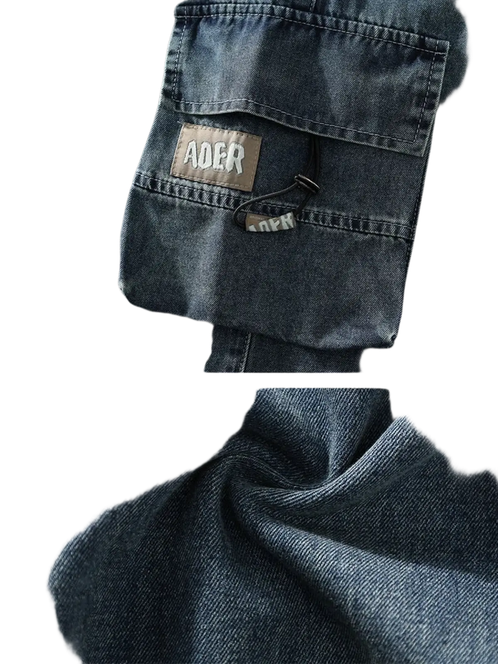 Men’s plus size baggy cargo jeans in dark-wash denim with rugged fabric and brown leather a0er brand patch on front pocket