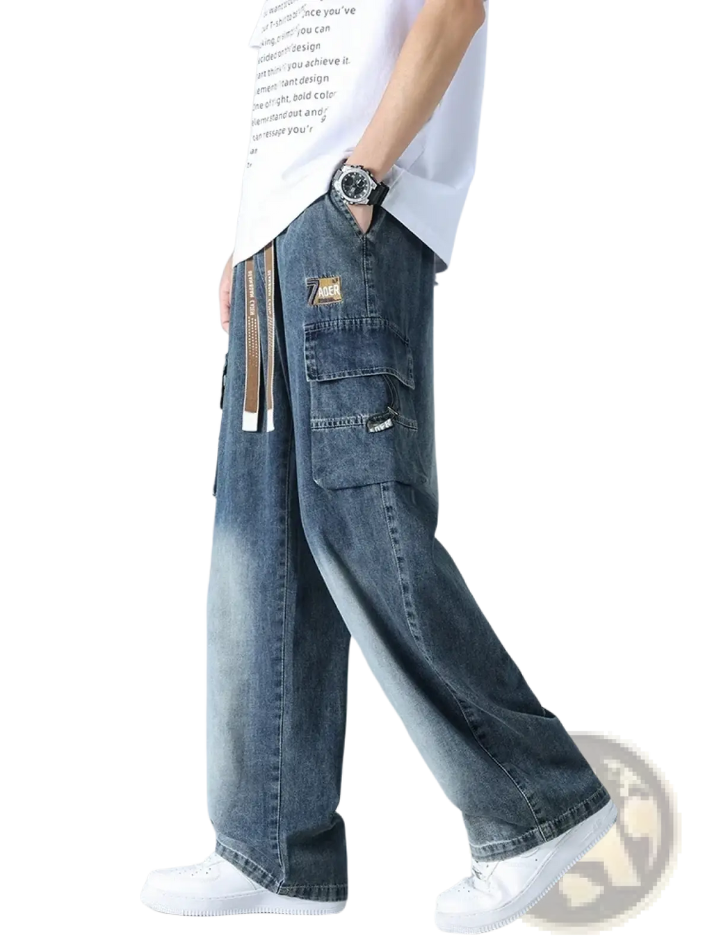 Men’s plus size baggy cargo jeans in dark-wash denim with multiple pockets and a faded distressed look