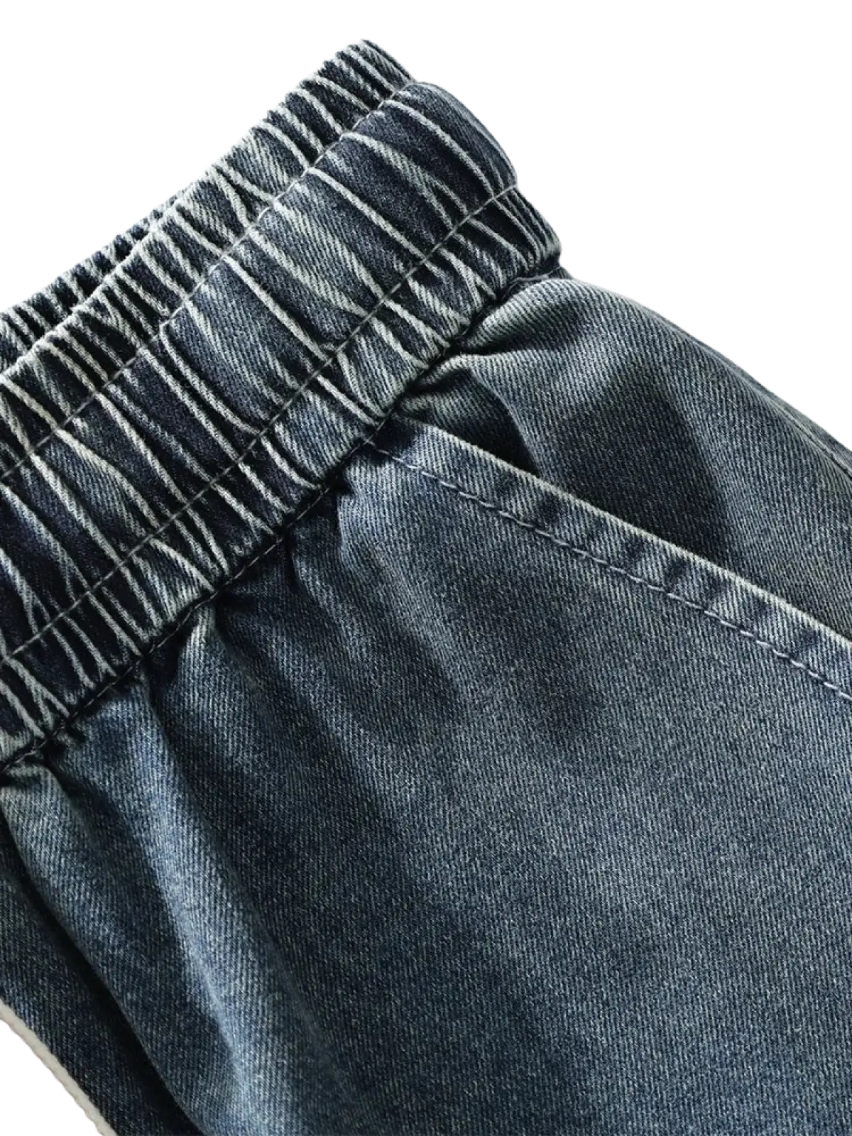 Men’s plus size dark-wash denim baggy cargo jeans with elastic waistband and visible stitching front view