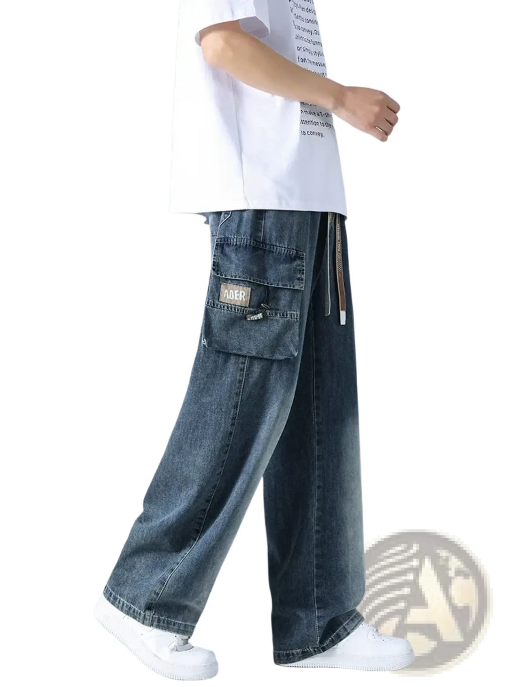 Men’s plus size baggy dark-wash denim cargo jeans with large front ader patch pocket and drawstring waistband