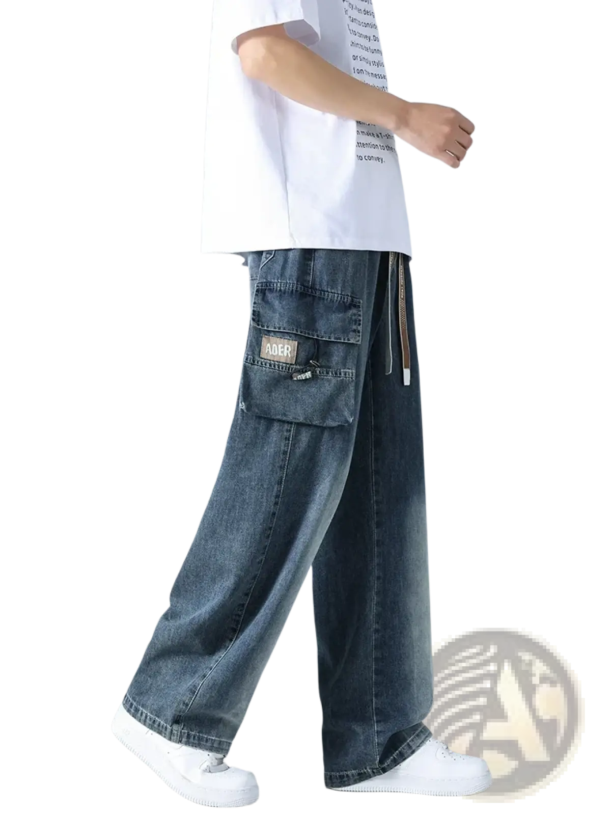 Men’s plus size baggy dark-wash denim cargo jeans with large front ader patch pocket and drawstring waistband