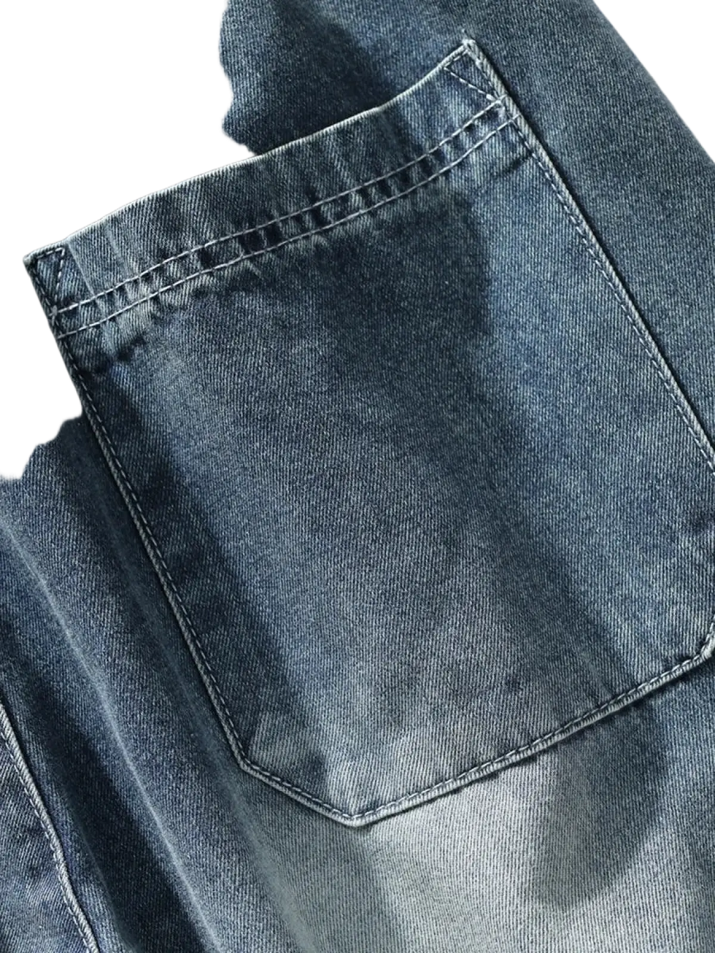 Men’s plus size baggy cargo jeans in dark-wash denim with visible stitching and subtle fading on back pocket