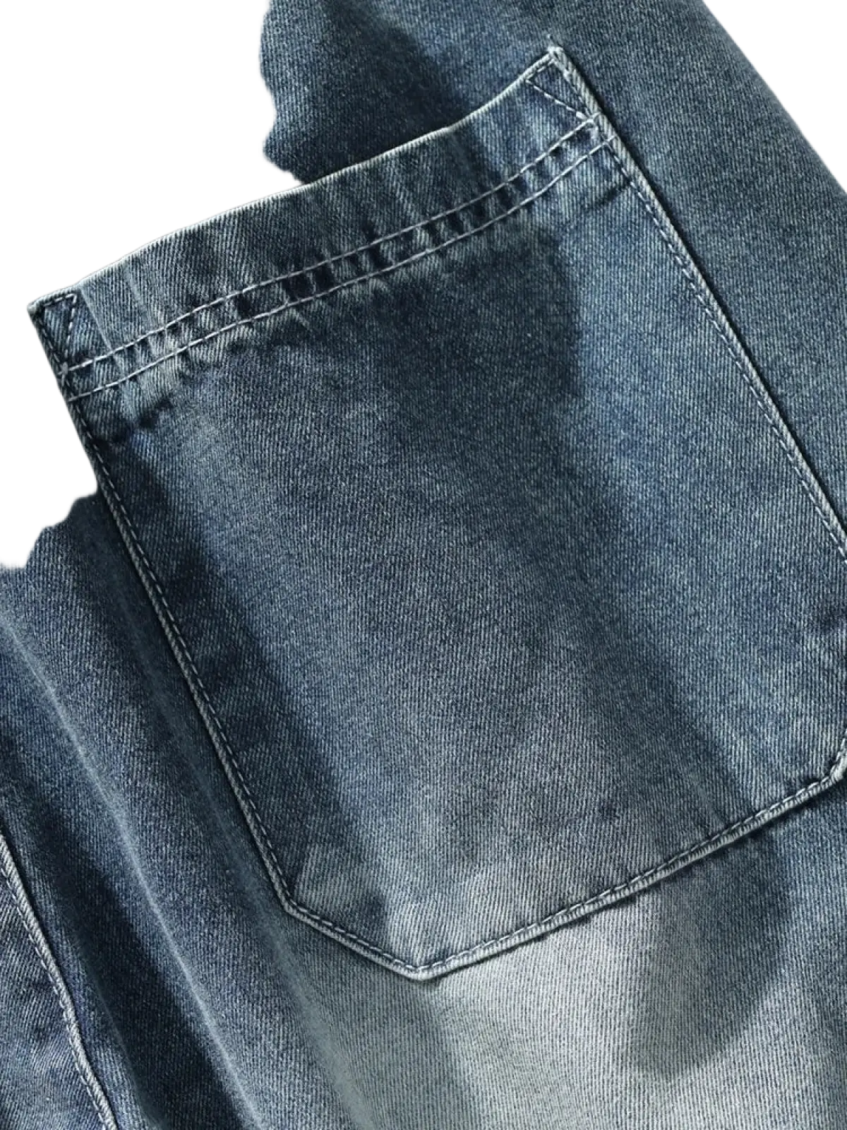 Men’s plus size baggy cargo jeans in dark-wash denim with visible stitching and subtle fading on back pocket