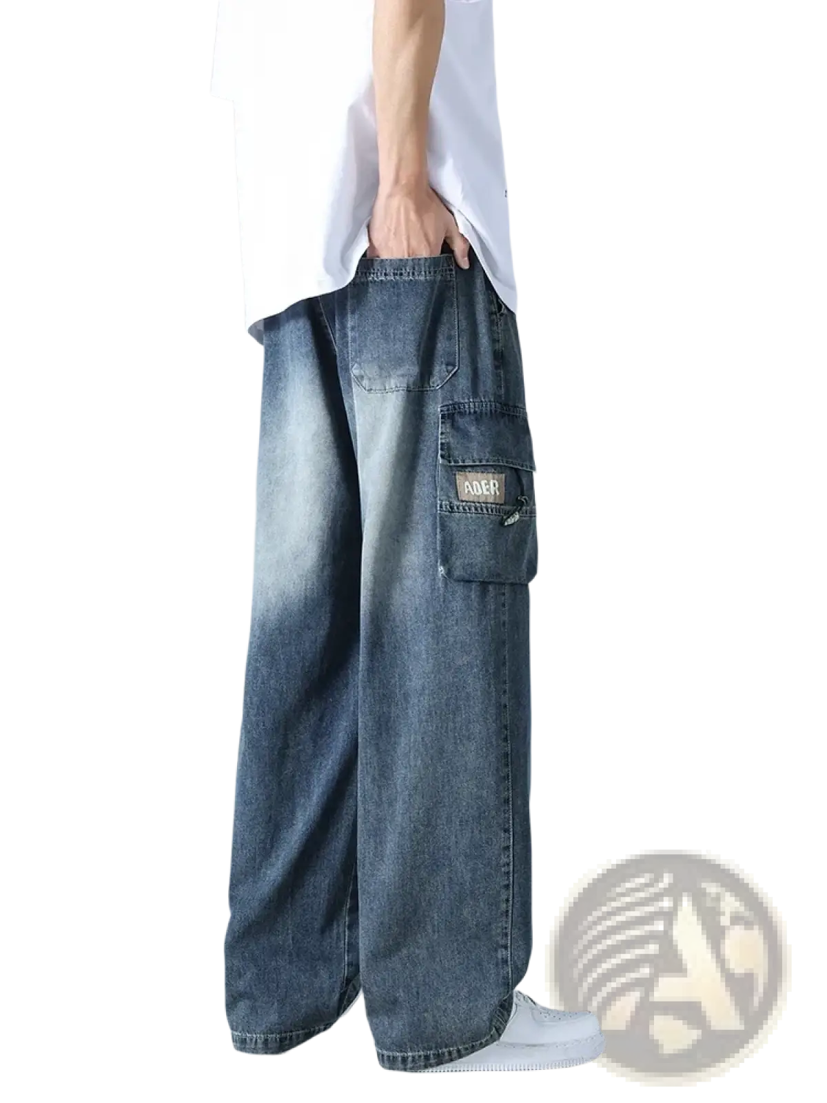 Men’s plus size baggy cargo jeans denim trousers in faded blue wash with wide-leg cut and cargo pockets featuring a patch