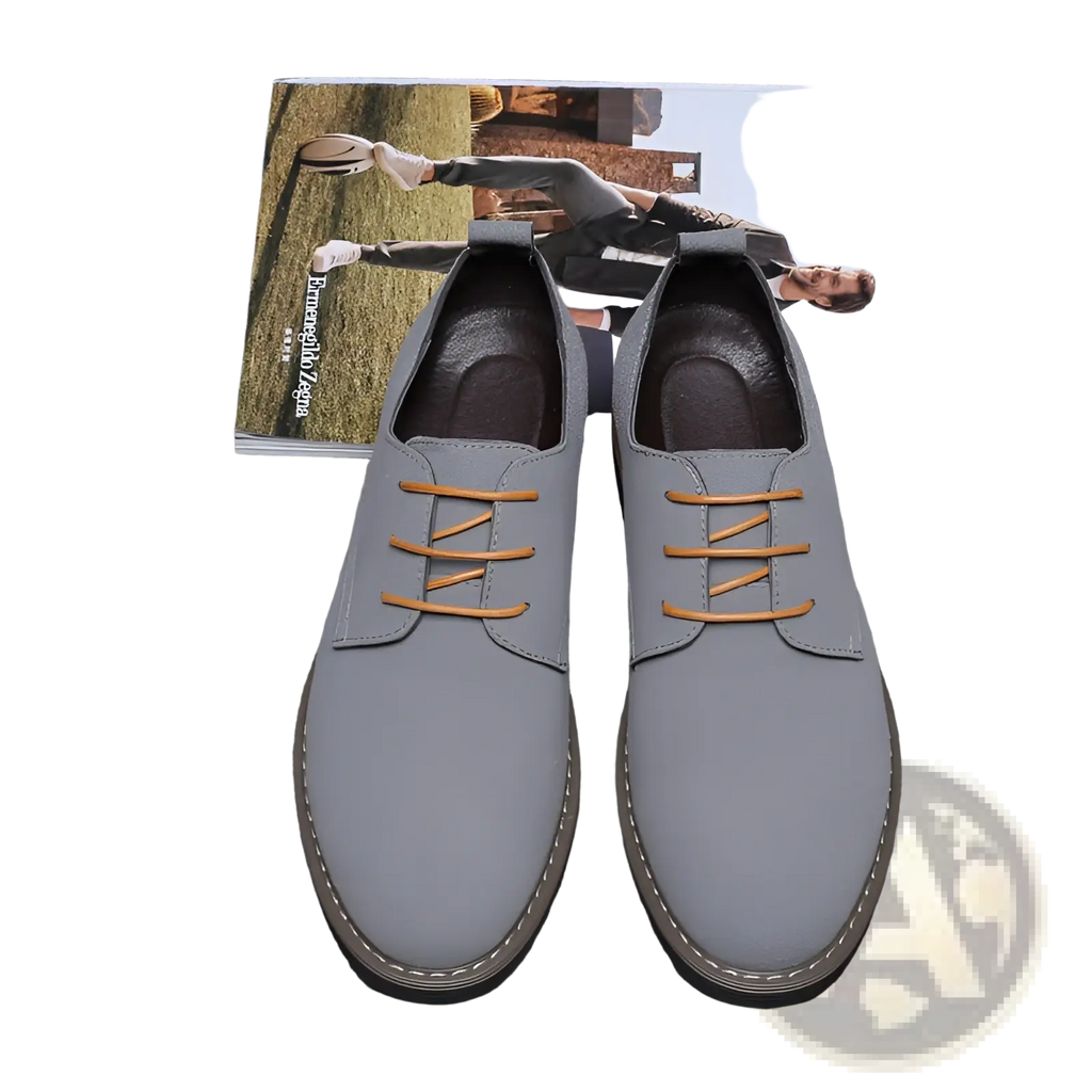 Men’s plus size british style suede casual oxford shoes in gray canvas with tan laces and black rubber sole