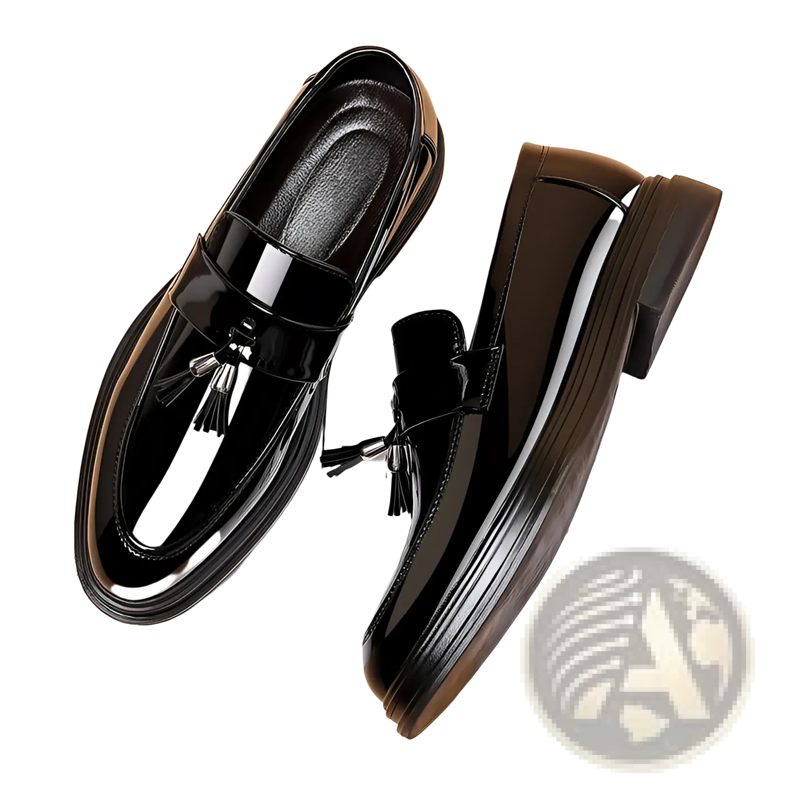 Men’s plus size black patent leather loafers with glossy finish and decorative tassels for business casual wear