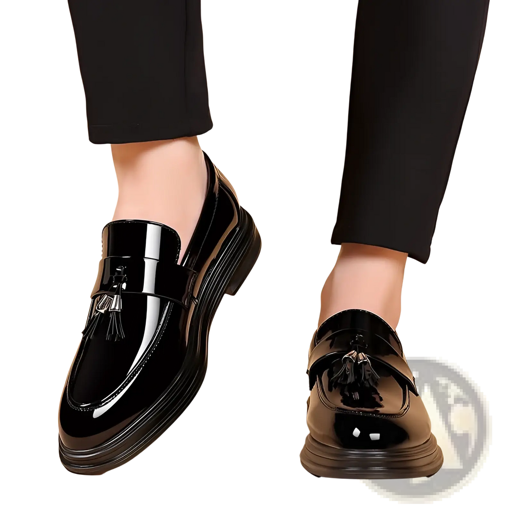 Men’s plus size business casual black patent leather tassel loafers with glossy finish and chunky sole