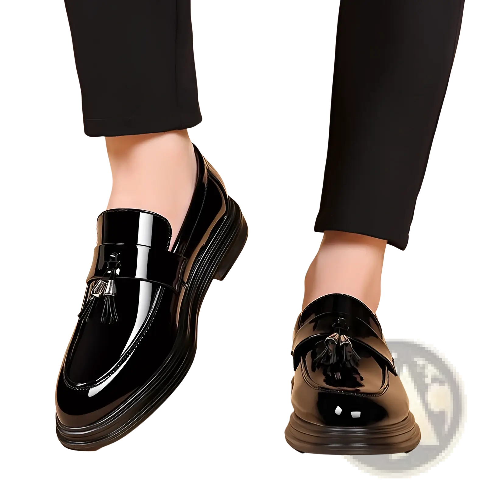 Men’s plus size business casual black patent leather tassel loafers with glossy finish and chunky sole