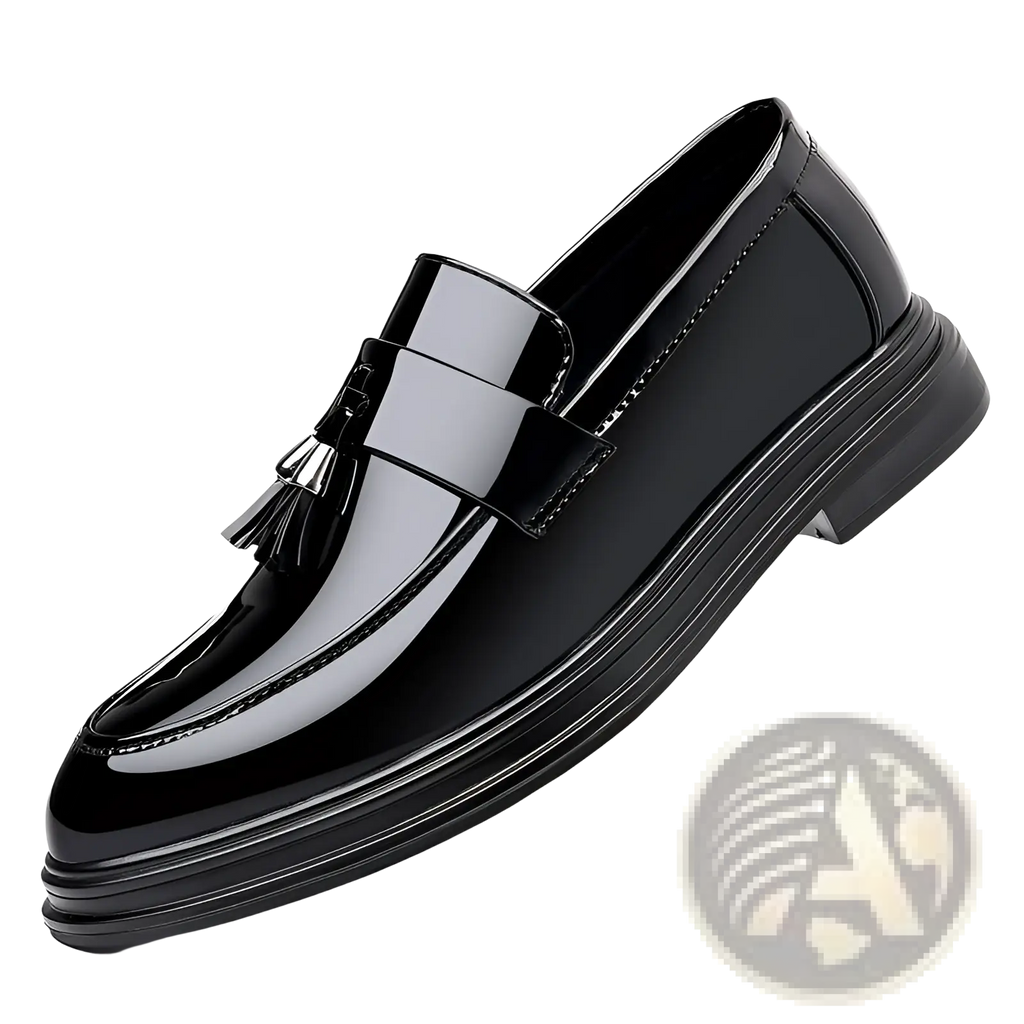 Men’s plus size business casual leather wedge shoe in black patent leather with a glossy finish and tassel detail