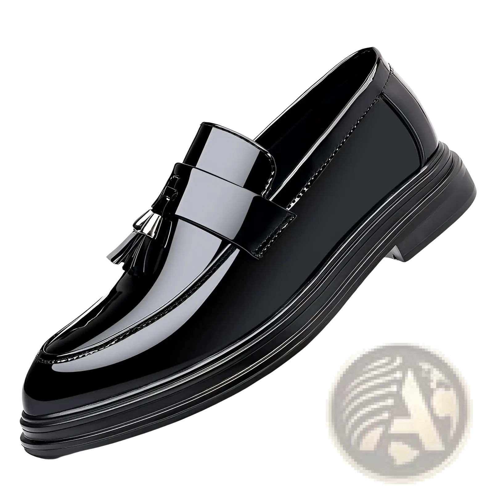 Men’s plus size business casual leather wedge shoe in black patent leather with a glossy finish and tassel detail
