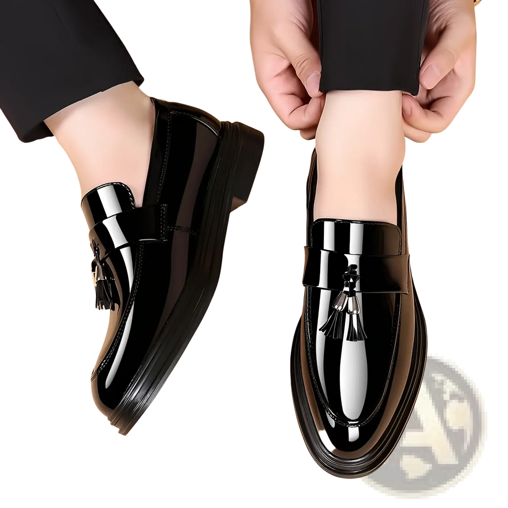 Men’s plus size business casual black patent leather loafers with glossy finish and decorative tassels on front
