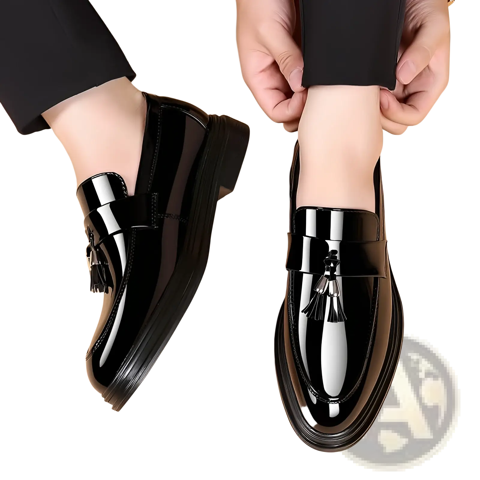Men’s plus size business casual black patent leather loafers with glossy finish and decorative tassels on front
