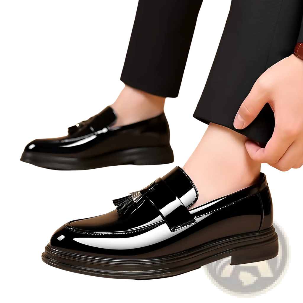 Men’s plus size black patent leather tassel loafers with glossy finish and chunky wedge sole for business casual wear
