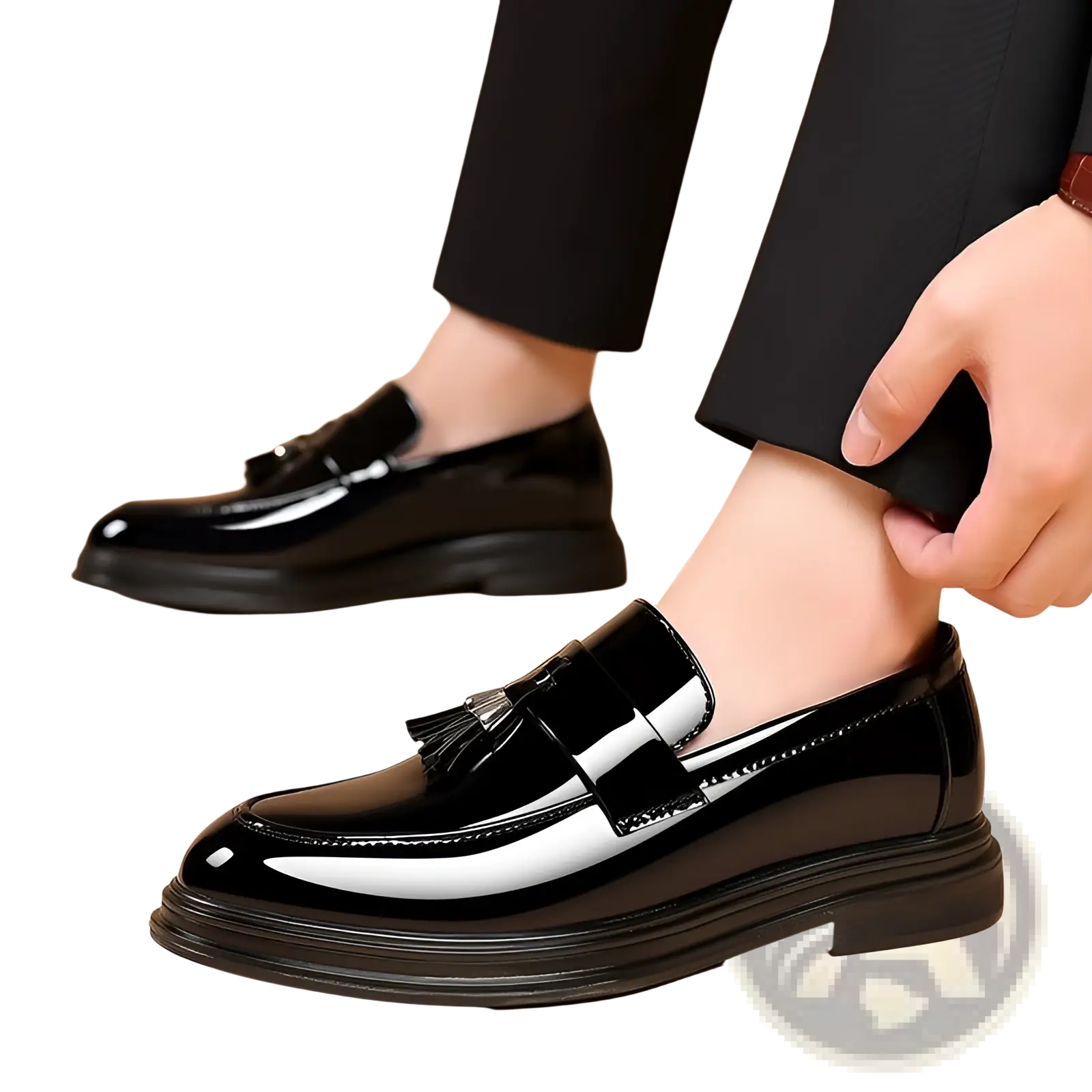 Men’s plus size black patent leather tassel loafers with glossy finish and chunky wedge sole for business casual wear
