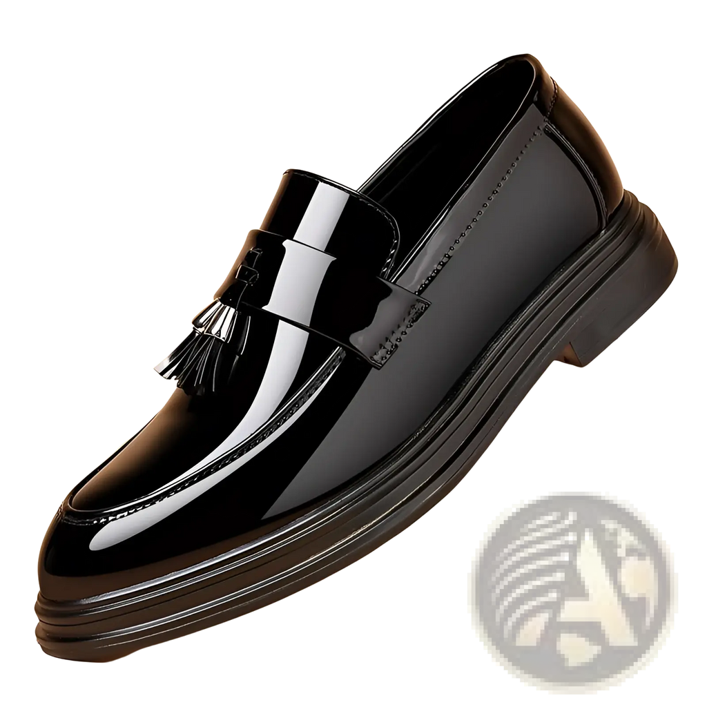 Men’s plus size business casual black patent leather loafer with glossy finish and decorative tassel on the strap