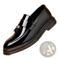 Men’s plus size business casual black patent leather loafer with glossy finish and decorative tassel on the strap