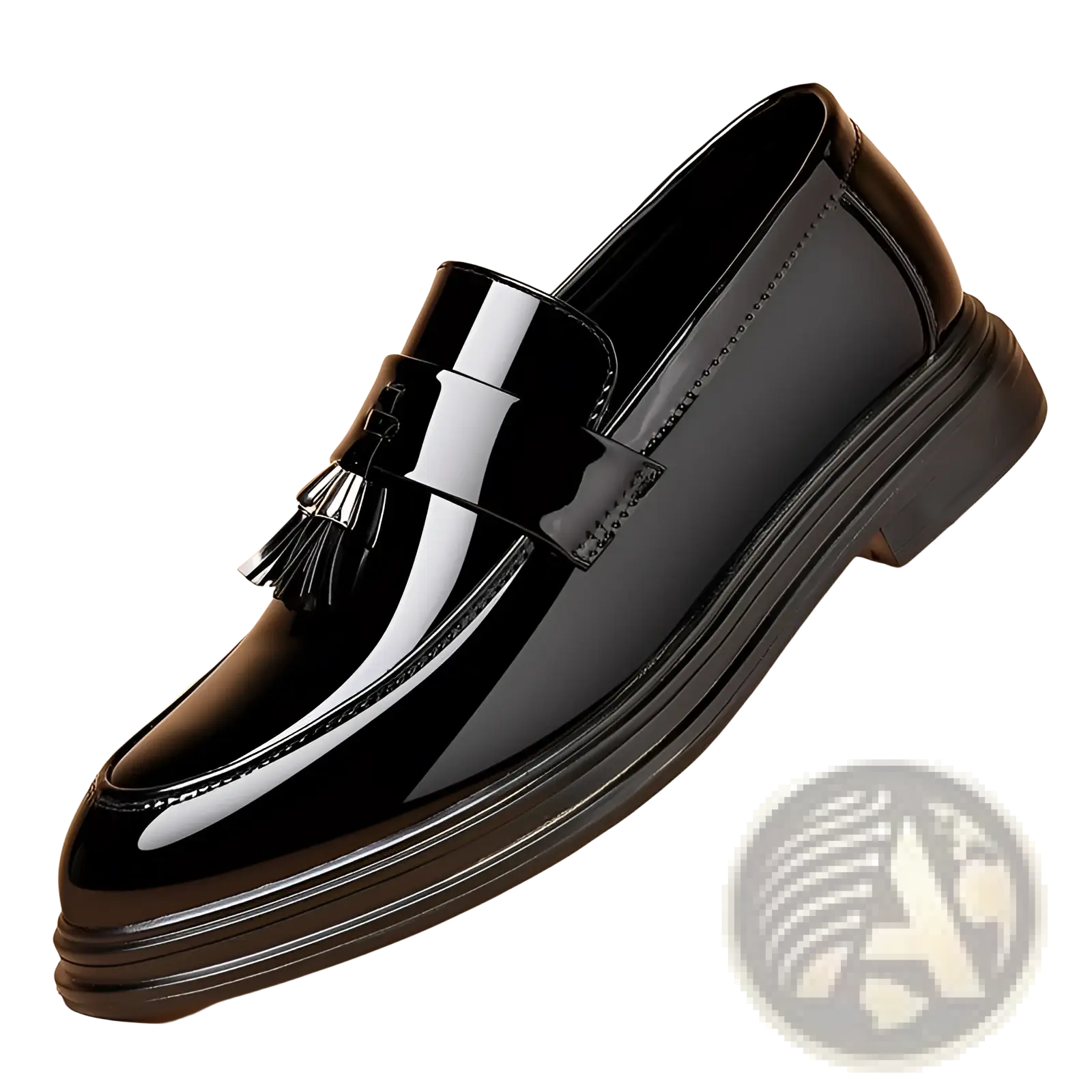Men’s plus size business casual black patent leather loafer with glossy finish and decorative tassel on the strap
