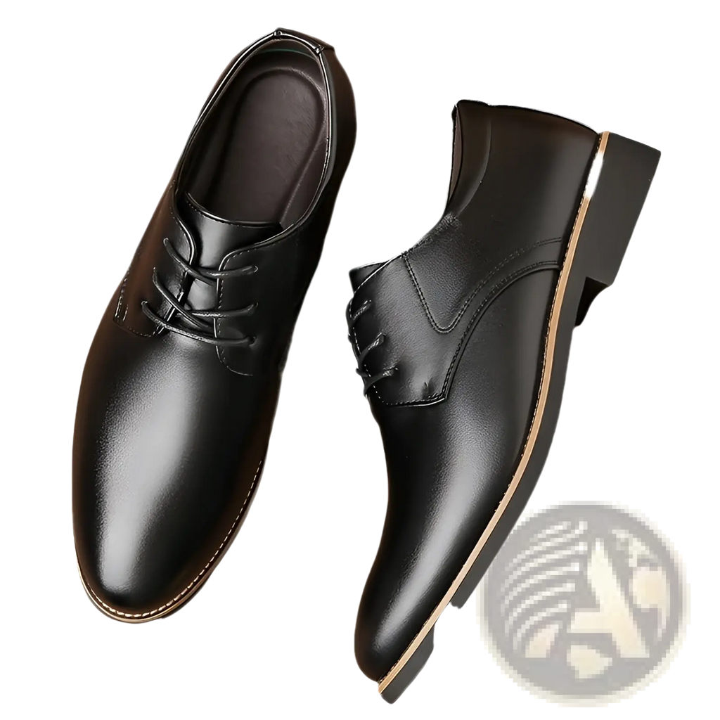 Men’s plus size black leather lace-up dress shoes with polished finish and tan stitching for business formal wear