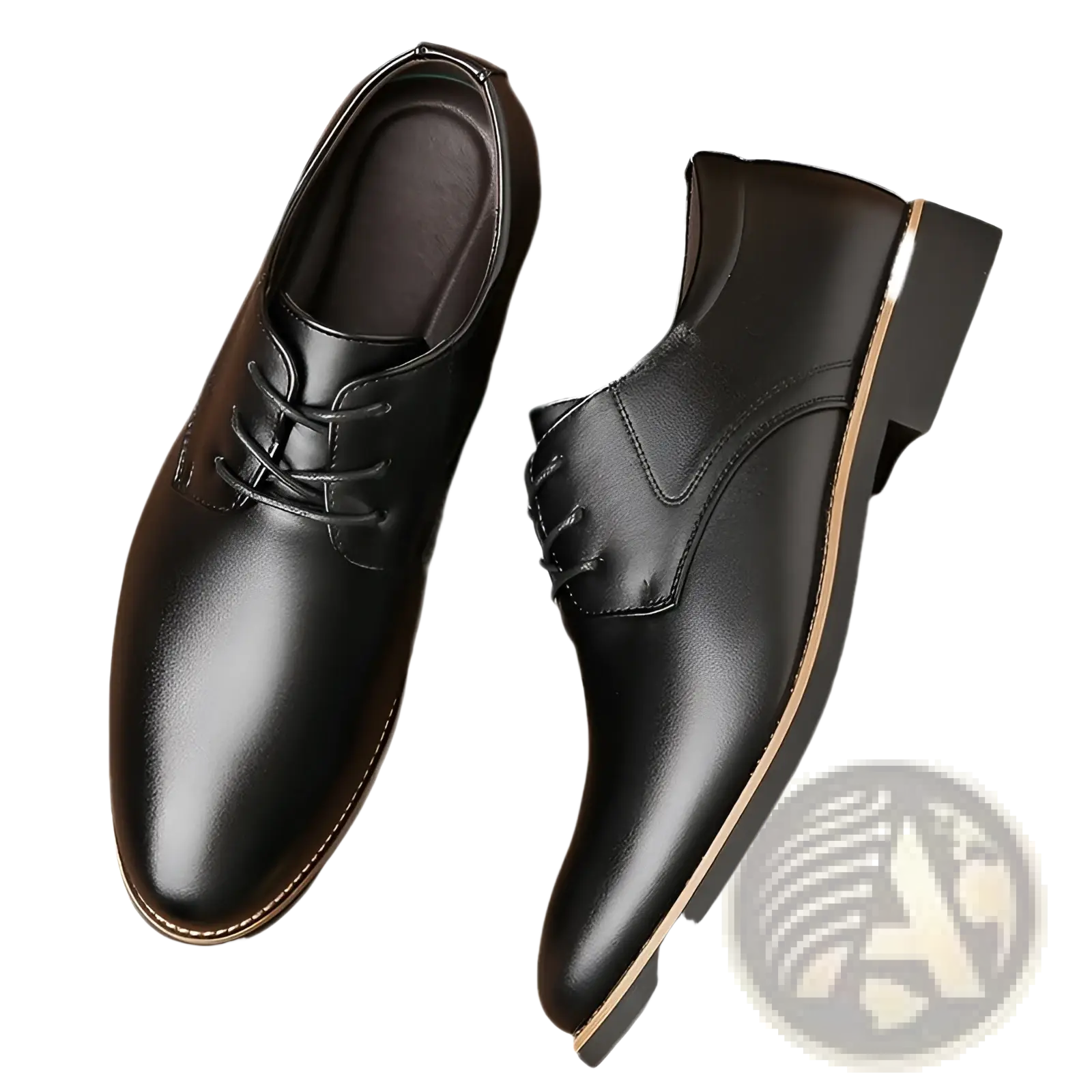Men’s plus size black leather lace-up dress shoes with polished finish and tan stitching for business formal wear