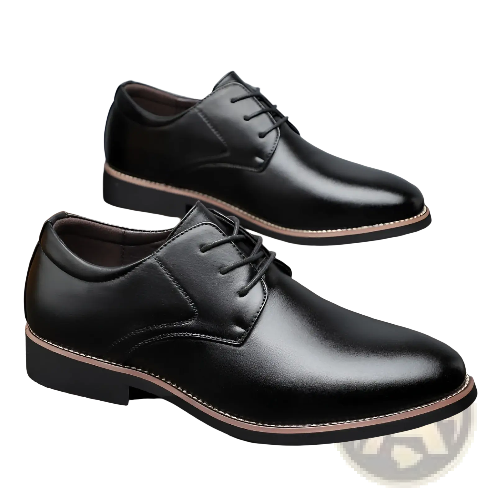 Men’s plus size business formal leather dress shoes in black with polished finish and contrasting tan stitching