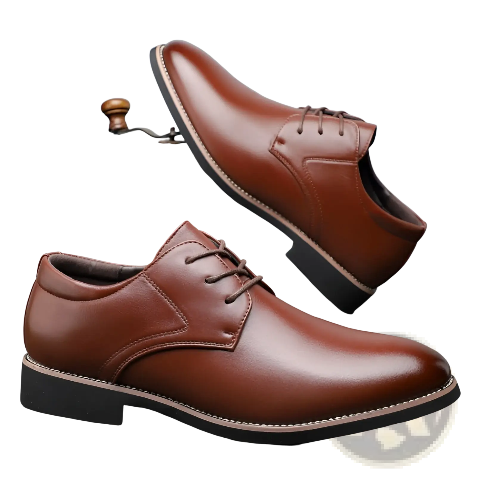 Men’s plus size business formal brown leather lace-up dress shoes with polished finish and black soles