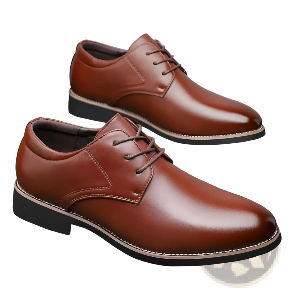 Men’s plus size brown leather lace-up dress shoes with polished finish and black rubber soles for business formal use