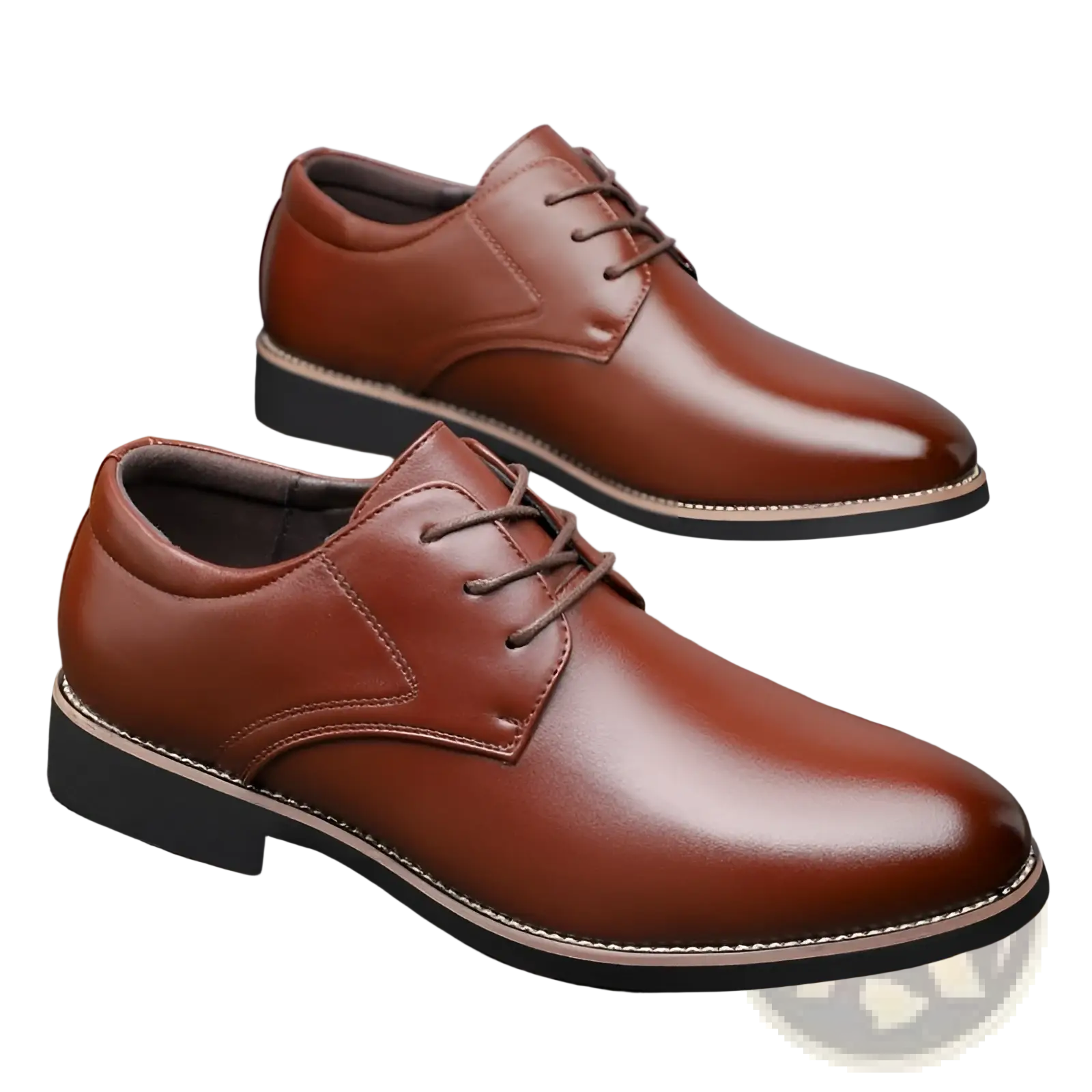 Men’s plus size brown leather lace-up dress shoes with polished finish and black rubber soles for business formal use