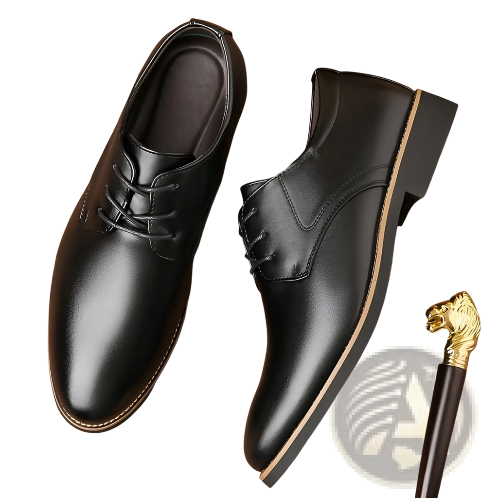 Men’s plus size black leather lace-up dress shoes with polished finish and tan stitching for business formal wear