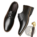 Men’s plus size black leather lace-up dress shoes with polished finish and tan stitching for business formal wear