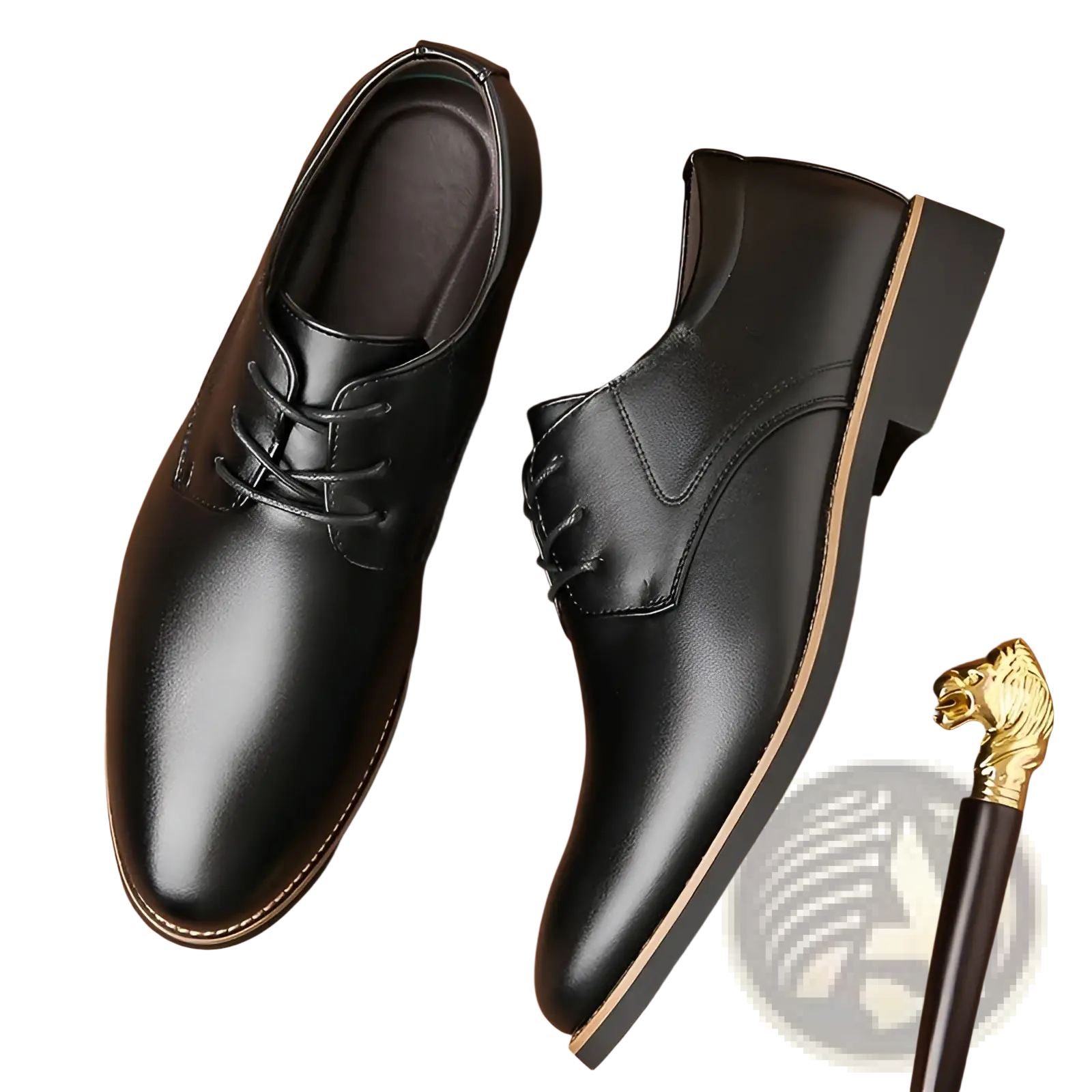 Men’s plus size black leather lace-up dress shoes with polished finish and tan stitching for business formal wear