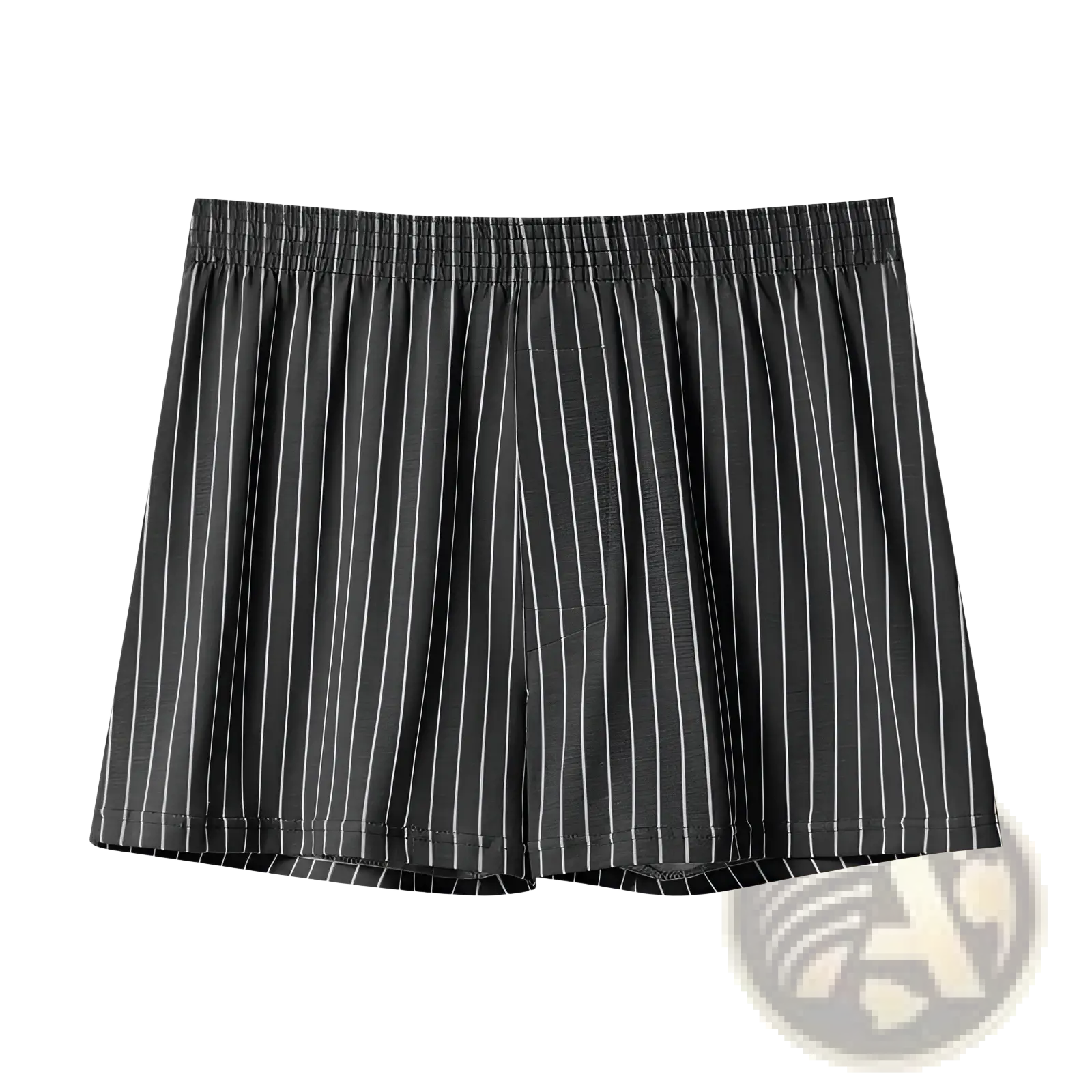 Men’s plus size black cotton boxer shorts with thin white vertical stripes and elastic waistband