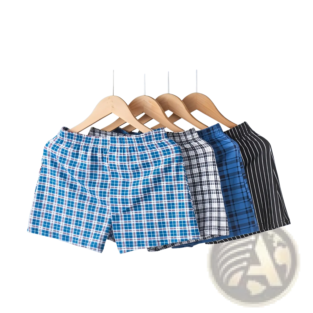 Men’s plus size cotton striped and plaid boxer shorts in blue and white plaid hanging on wooden hangers