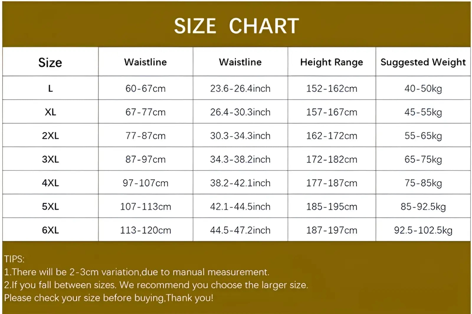Brown size chart with white text listing measurements for men’s plus size cotton striped and plaid boxer shorts sizes l to 6xl
