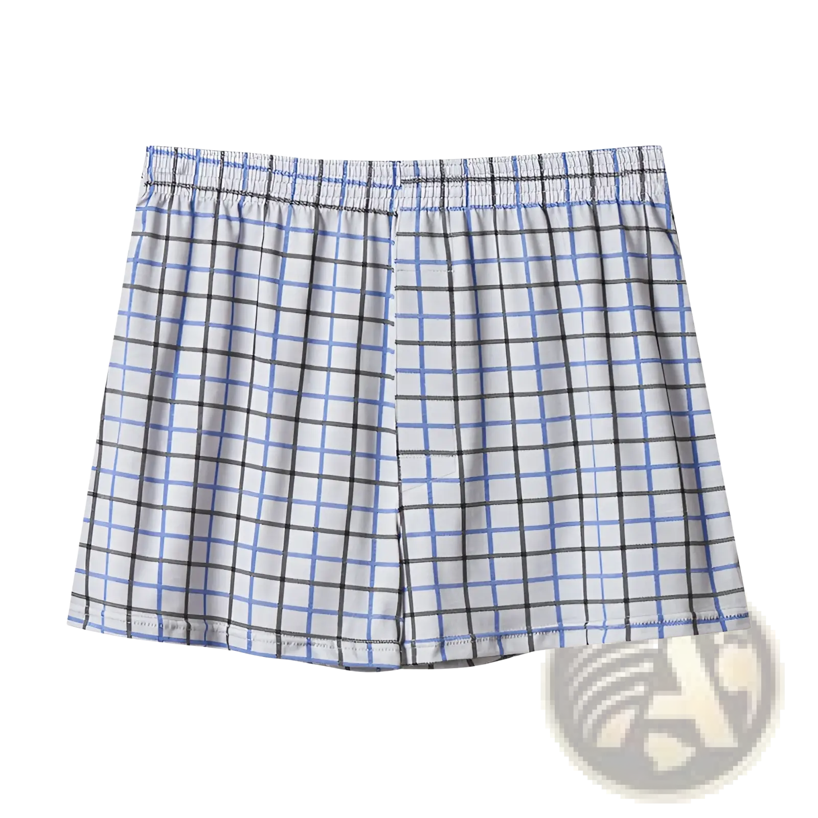 Men’s plus size cotton boxer shorts in light gray with blue and black plaid pattern and elastic waistband