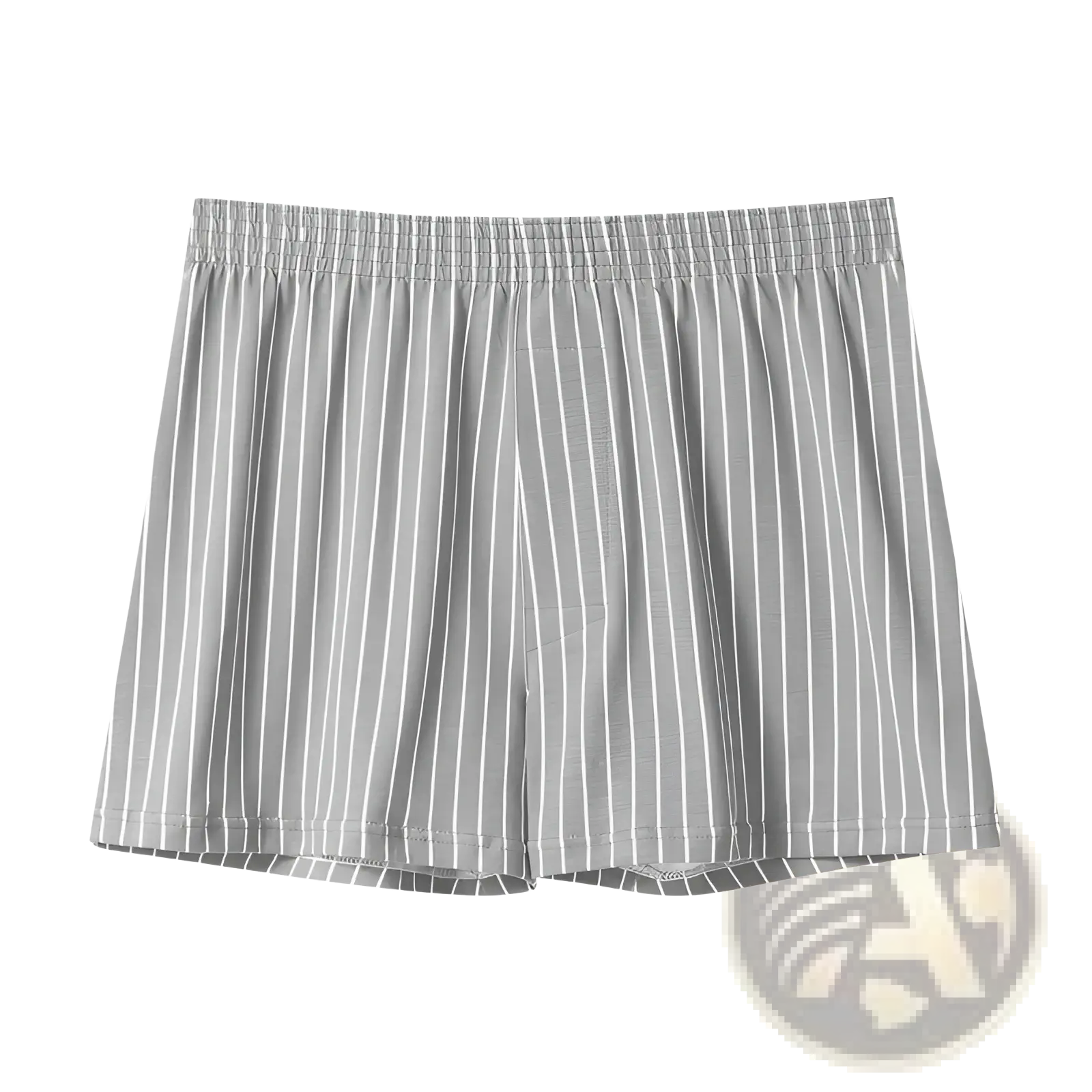 Men’s plus size cotton boxer shorts with gray and white vertical stripes and elastic waistband