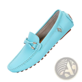 Men’s plus size leather driving moccasin loafers in light blue with metallic horse emblem and brown rubber soles