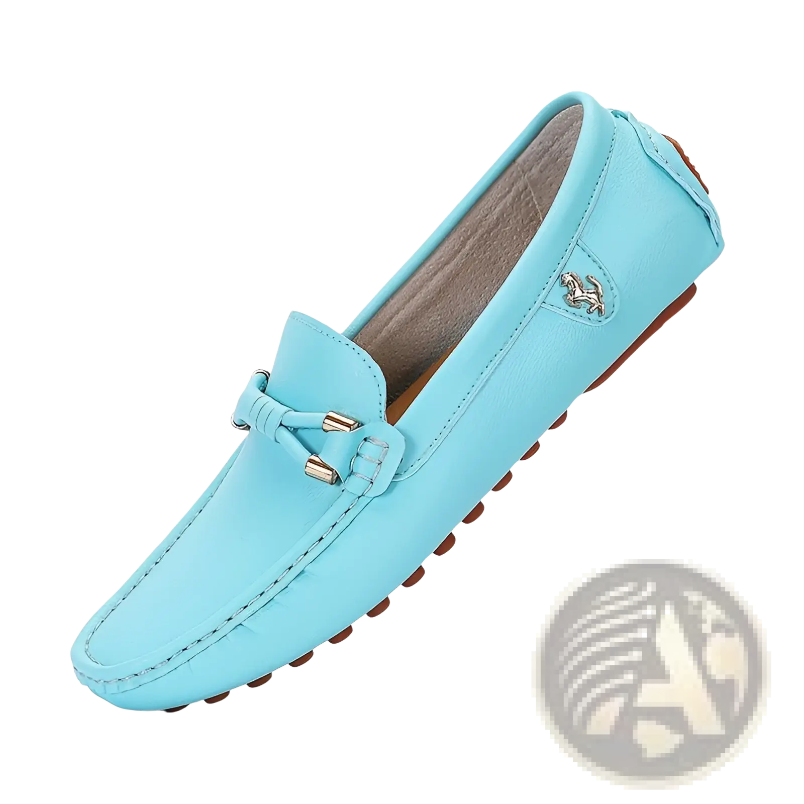 Men’s plus size leather driving moccasin loafers in light blue with metallic horse emblem and brown rubber soles