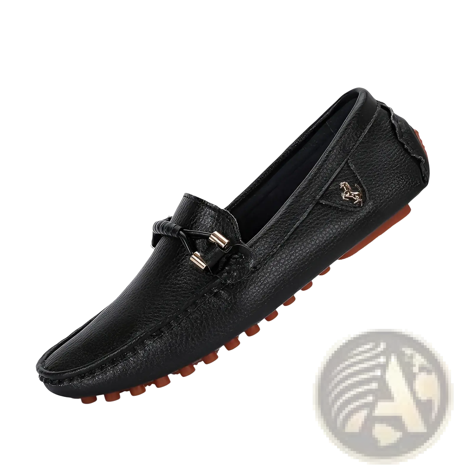 Men’s plus size black leather driving moccasin loafers with textured surface braided strap and metallic hardware accents