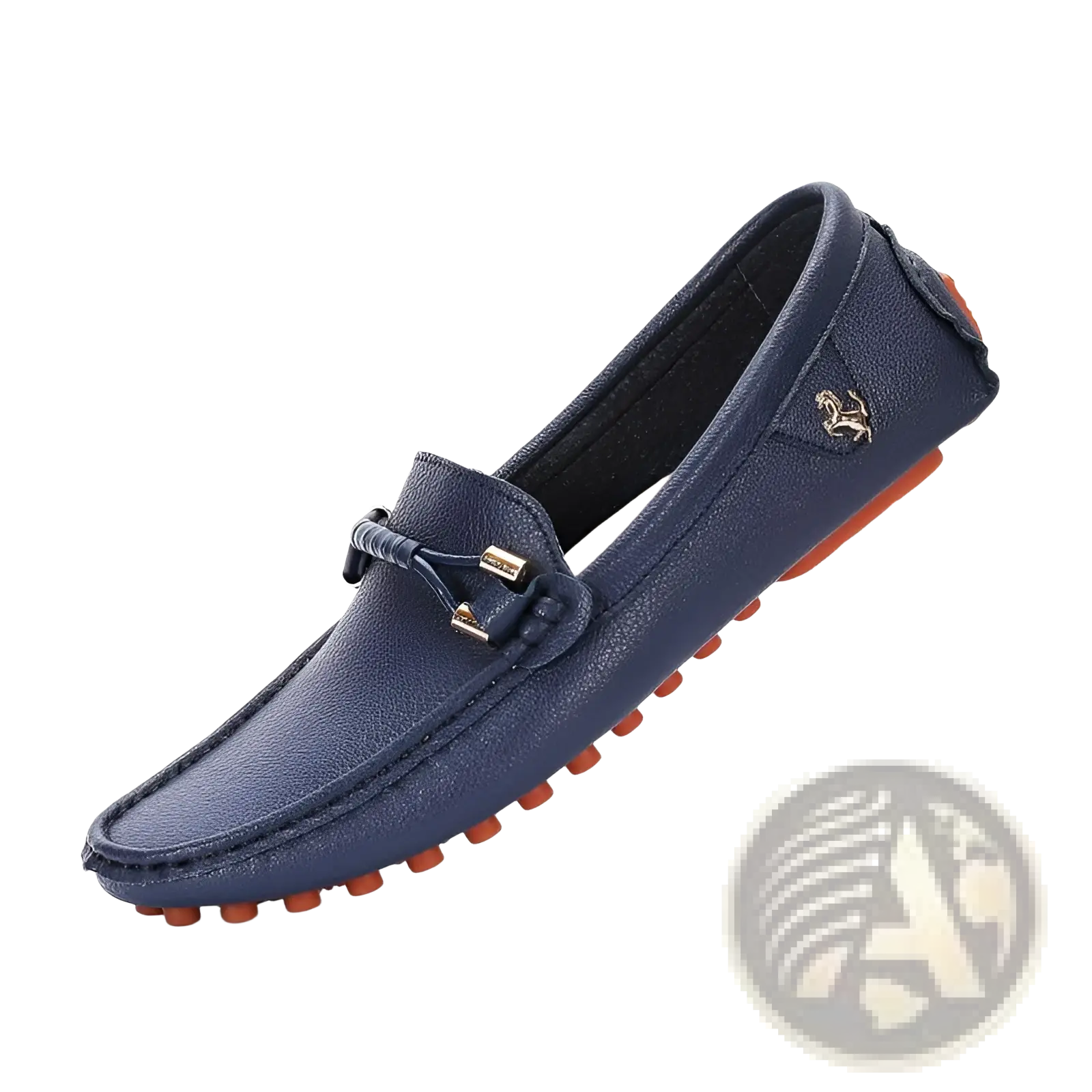 Navy blue leather men’s plus size driving moccasin loafer with braided strap gold-tone buckle and orange rubber sole