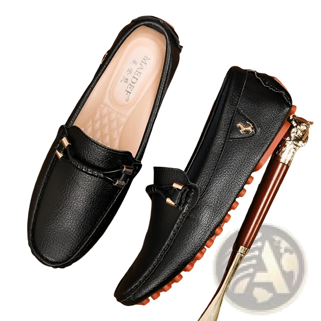 Men’s plus size black leather driving moccasin loafers with gold-tone metal accents and orange rubber soles