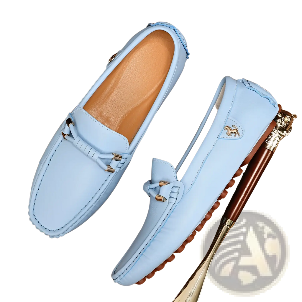 Men’s plus size light blue leather driving moccasin loafers with braided strap detail and gold tone hardware