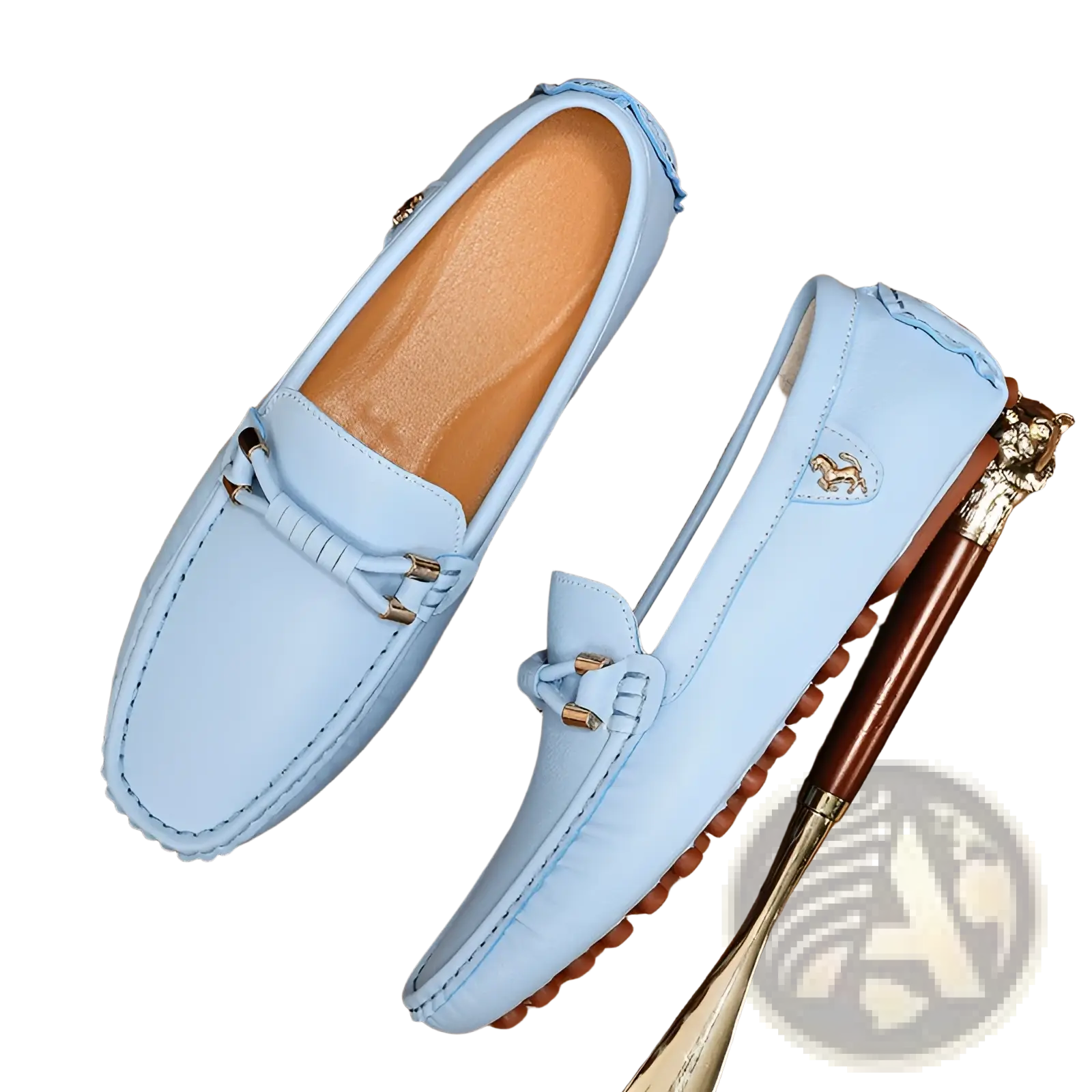 Men’s plus size light blue leather driving moccasin loafers with braided strap detail and gold tone hardware