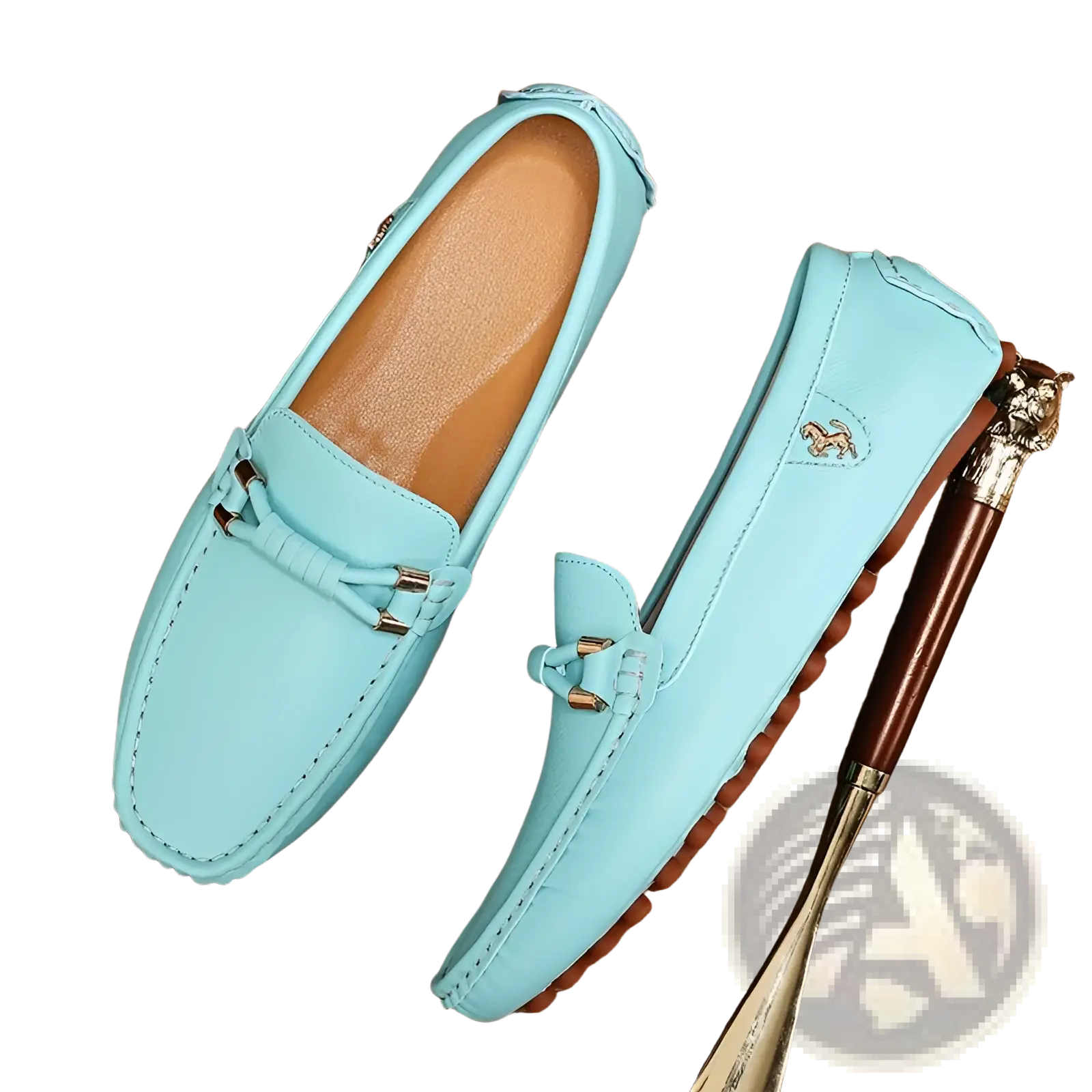 Men’s plus size light blue leather driving moccasin loafers with braided tassel detail and metallic hardware
