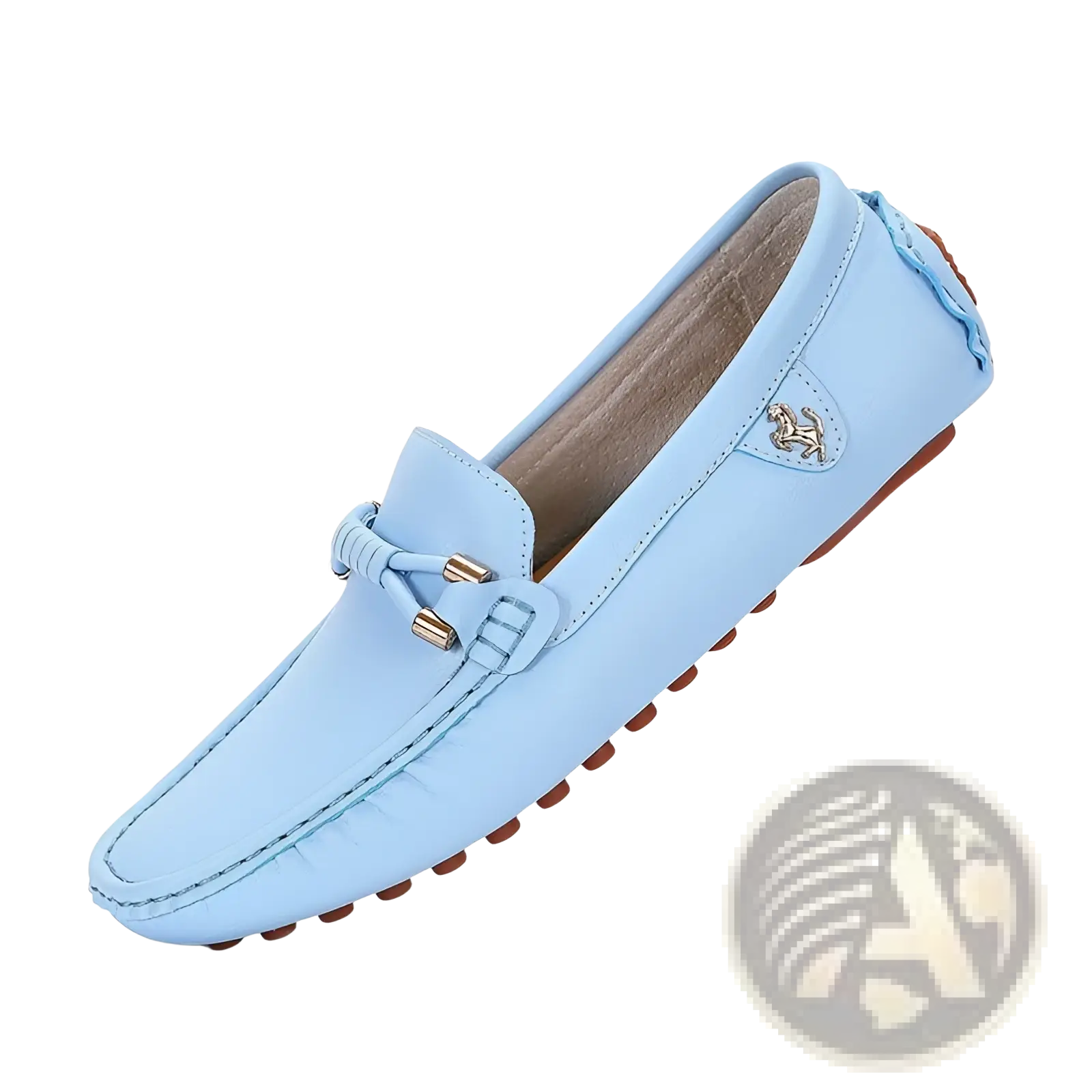 Men’s plus size light blue leather driving moccasin loafers with braided strap and gold tone hardware