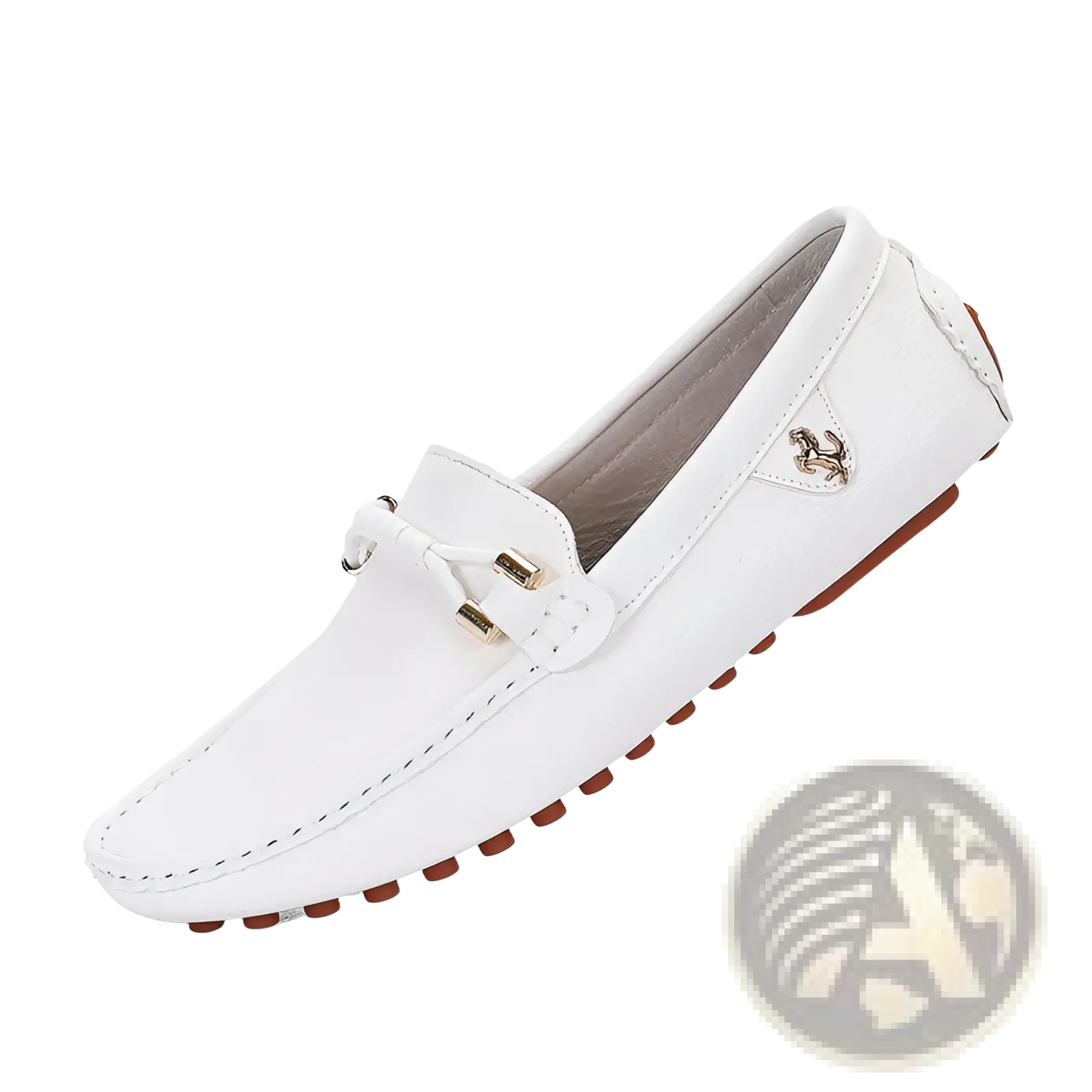 Men’s plus size white leather driving moccasin loafers with gold-tone buckle and brown rubber sole
