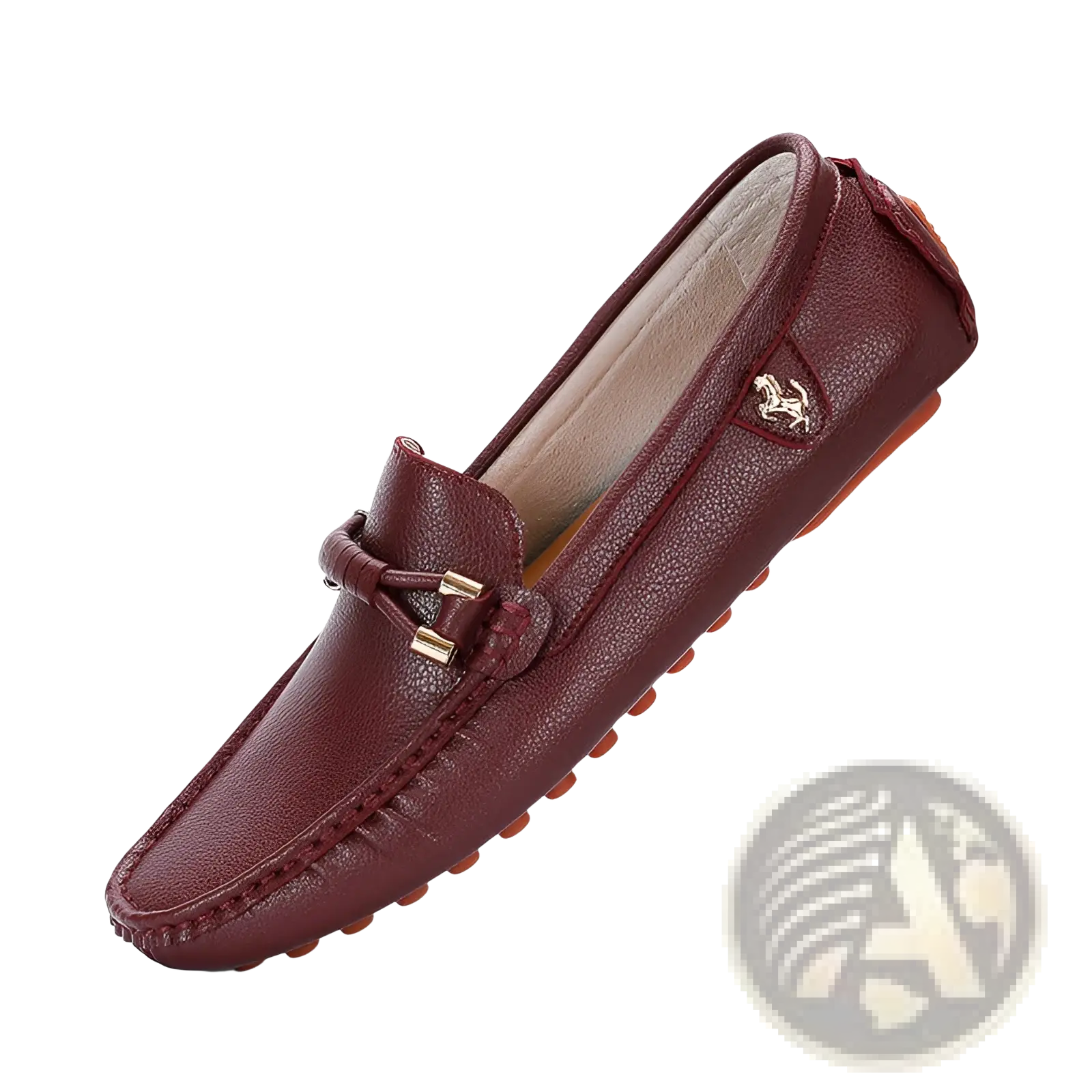 Men’s plus size maroon leather driving moccasin loafers with stitched design and metallic horse emblem on the side